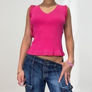 Vintage 00s Missoni Hot Pink Knit V neck tank with ruffle details (S)